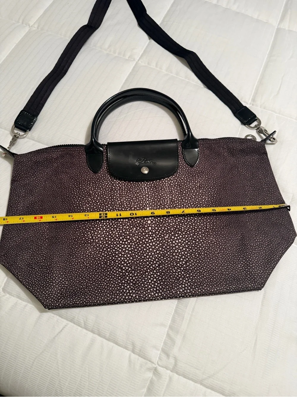 Longchamp Black & White Pebble Print Tote with Black Patent Leather Accents NWT